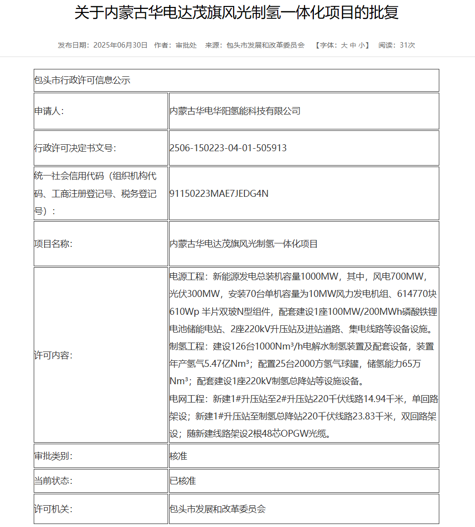 70臺(tái)10MW！華電風(fēng)光制氫一體化項(xiàng)目獲批復(fù)