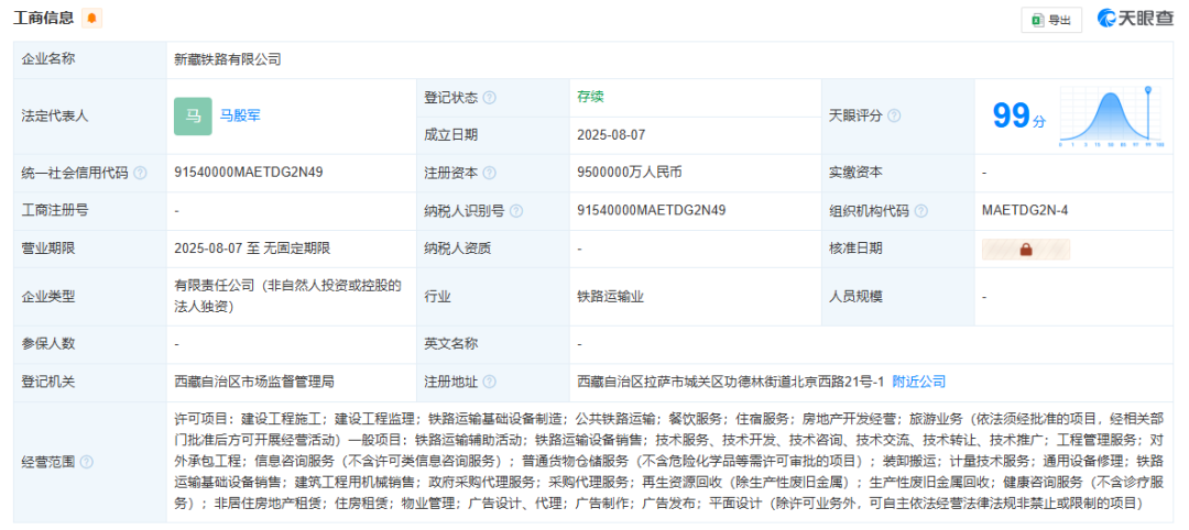 新藏鐵路公司成立，注冊資本950億元